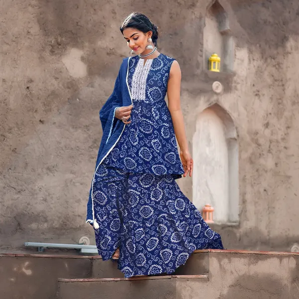 Blue_Cotton_Rayon_Kurta__Sharara__Dupatta_Set___With_Duppata