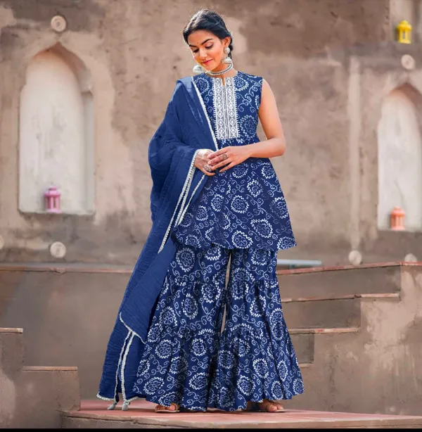 Blue_Cotton_Rayon_Kurta__Sharara__Dupatta_Set___With_Duppata