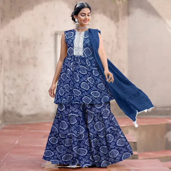 Blue_Cotton_Rayon_Kurta__Sharara__Dupatta_Set___With_Duppata