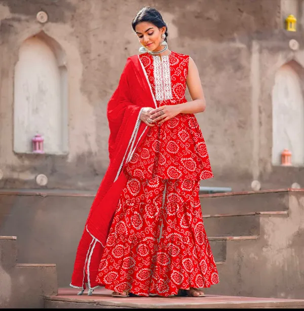 Red_Cotton_Rayon_Kurta__Sharara__Dupatta_Set___With_Duppata
