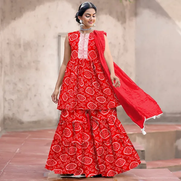 Red_Cotton_Rayon_Kurta__Sharara__Dupatta_Set___With_Duppata