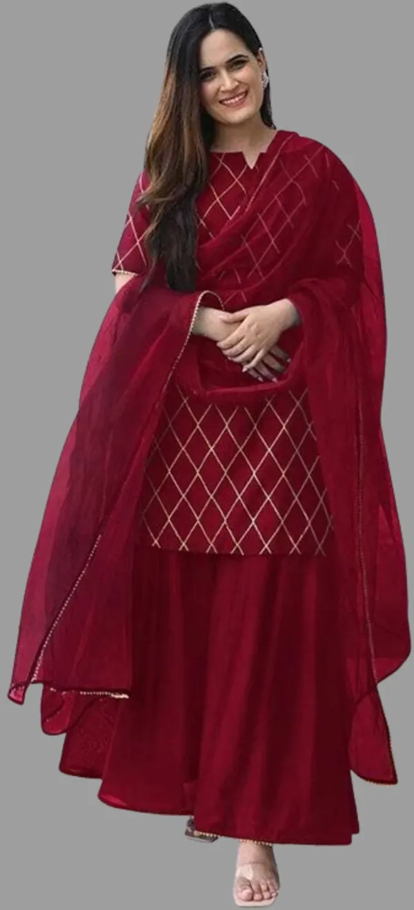Maroon_Rayon_Blend_Flared_Gown__With_Duppata