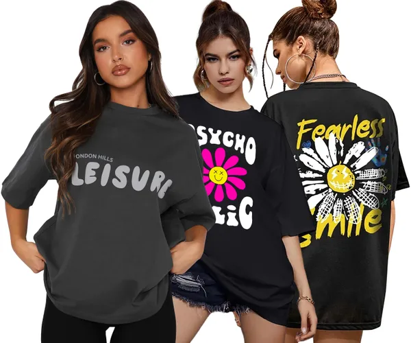 London_Hills_Cotton_Blend_Half_Sleeve_Women_Oversized_T-Shirts_Multicolor_Pack_of_3_Dark_Grey,_Black