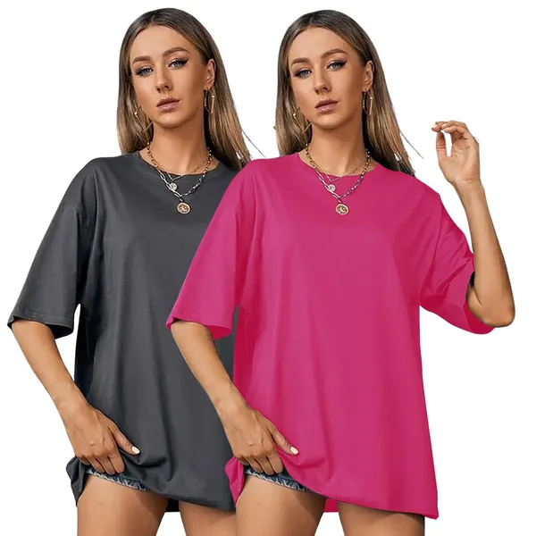 London_Hills_Women's_Casual_Round_Neck_Solid,_Oversized_Longline_Drop_Shoulder_T-Shirt_Dark_Grey_Magenta