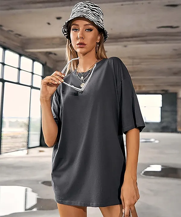 London_Hills_Women's_Casual_Round_Neck_Solid,_Oversized_Longline_Drop_Shoulder_T-Shirt_Dark_Grey_Magenta