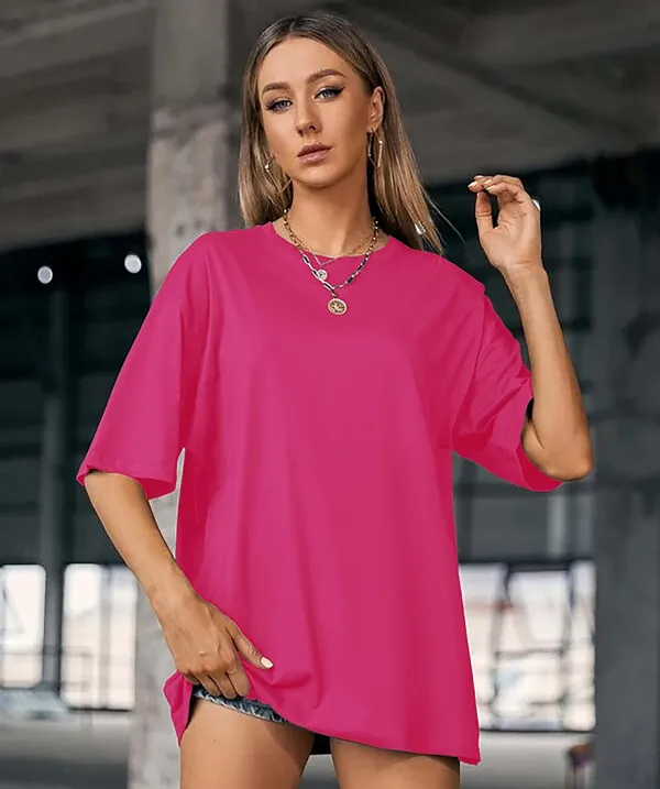 London_Hills_Women's_Casual_Round_Neck_Solid,_Oversized_Longline_Drop_Shoulder_T-Shirt_Dark_Grey_Magenta