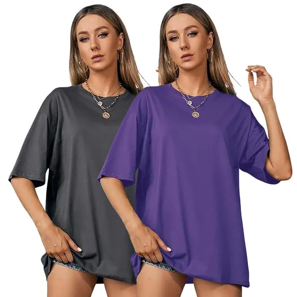 London_Hills_Women's_Casual_Round_Neck_Solid,_Oversized_Longline_Drop_Shoulder_T-Shirt_Dark_Grey_Purple