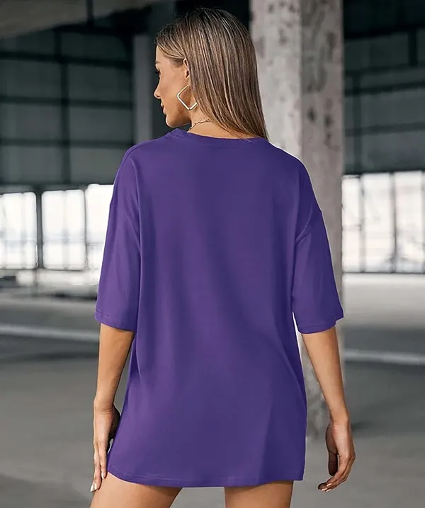 London_Hills_Women's_Casual_Round_Neck_Solid,_Oversized_Longline_Drop_Shoulder_T-Shirt_Dark_Grey_Purple