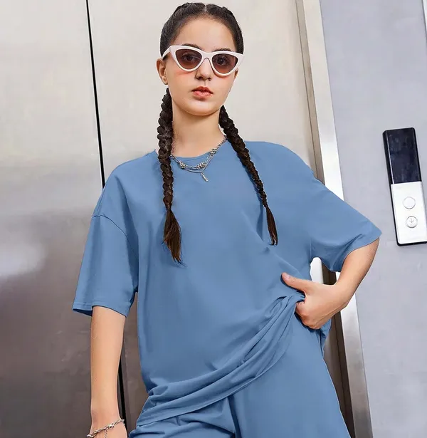 London_Hills_Women's_Casual_Round_Neck_Solid,_Oversized_Longline_Drop_Shoulder_T-Shirt_Dark_Grey_Sky_Blue