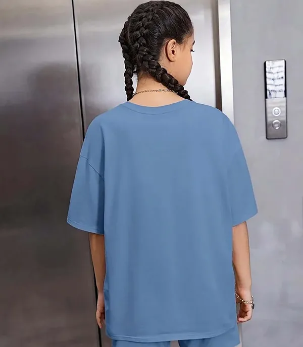London_Hills_Women's_Casual_Round_Neck_Solid,_Oversized_Longline_Drop_Shoulder_T-Shirt_Dark_Grey_Sky_Blue