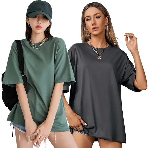 London_Hills_Women's_Casual_Round_Neck_Solid,_Oversized_Longline_Drop_Shoulder_T-Shirt_Green_Dark_Grey