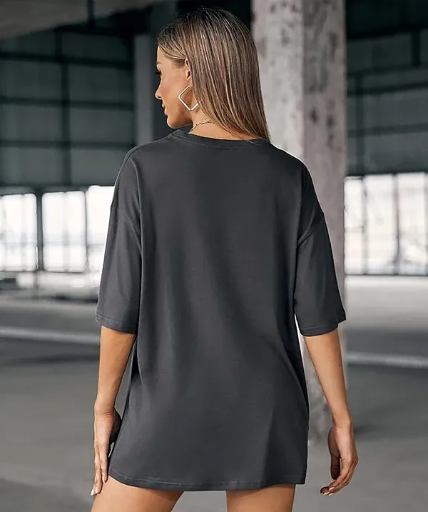 London_Hills_Women's_Casual_Round_Neck_Solid,_Oversized_Longline_Drop_Shoulder_T-Shirt_Green_Dark_Grey