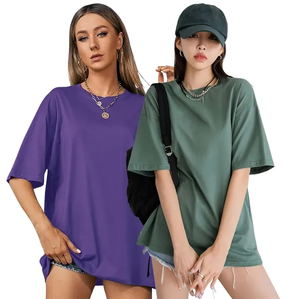 London_Hills_Women's_Casual_Round_Neck_Solid,_Oversized_Longline_Drop_Shoulder_T-Shirt_Green_Purple