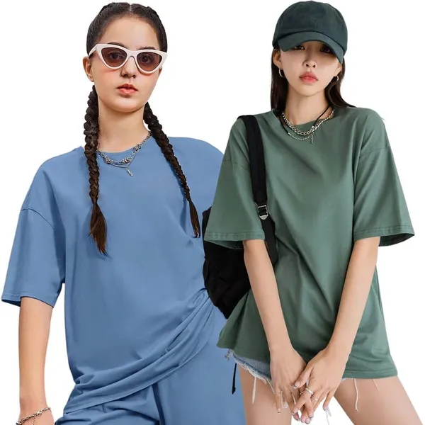 London_Hills_Women's_Casual_Round_Neck_Solid,_Oversized_Longline_Drop_Shoulder_T-Shirt_Green_Sky_Blue
