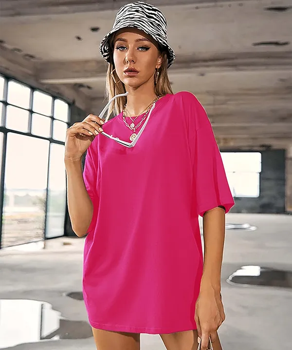 London_Hills_Women's_Casual_Round_Neck_Solid,_Oversized_Longline_Drop_Shoulder_T-Shirt_Green__Magenta