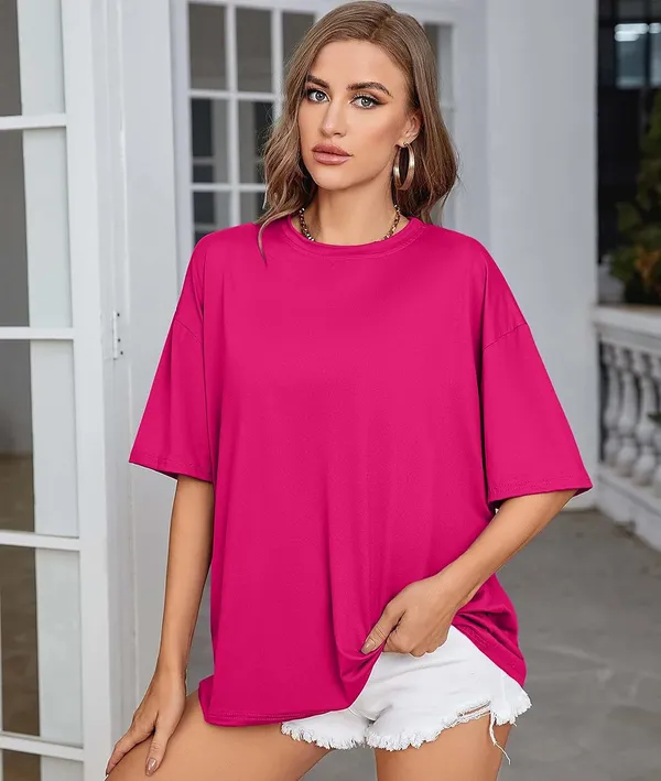 London_Hills_Women's_Casual_Round_Neck_Solid,_Oversized_Longline_Drop_Shoulder_T-Shirt_Magenta_Purple