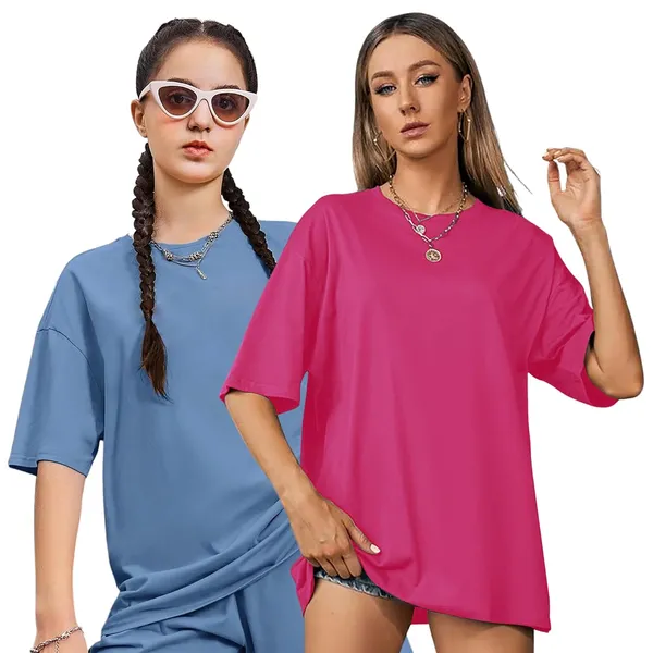 London_Hills_Women's_Casual_Round_Neck_Solid,_Oversized_Longline_Drop_Shoulder_T-Shirt_Magenta_Sky_Blue