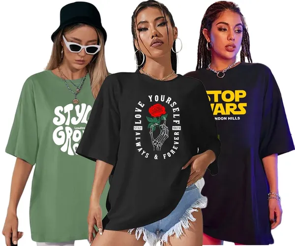 London_Hills_Cotton_Blend_Half_Sleeve_Women_Oversized_T-Shirts_Multicolor_Pack_of_3_Black,_Light_Green