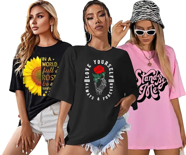 London_Hills_Cotton_Blend_Half_Sleeve_Women_Oversized_T-Shirts_Multicolor_Pack_of_3_Black,_Pink
