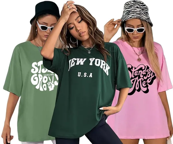 London_Hills_Cotton_Blend_Half_Sleeve_Women_Oversized_T-Shirts_Multicolor_Pack_of_3_Light_Green,_Dark_Green,_Pink