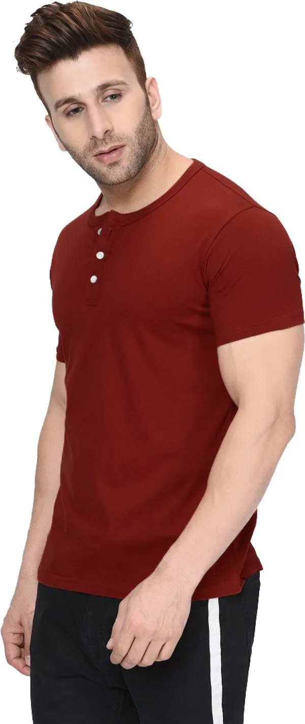 Maroon_Cotton_Blend_Henley_Neck_Short_Sleeve_t-shirt_for_Men