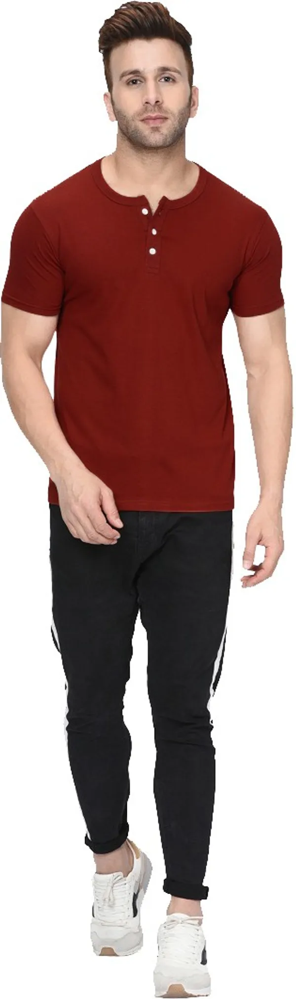 Maroon_Cotton_Blend_Henley_Neck_Short_Sleeve_t-shirt_for_Men
