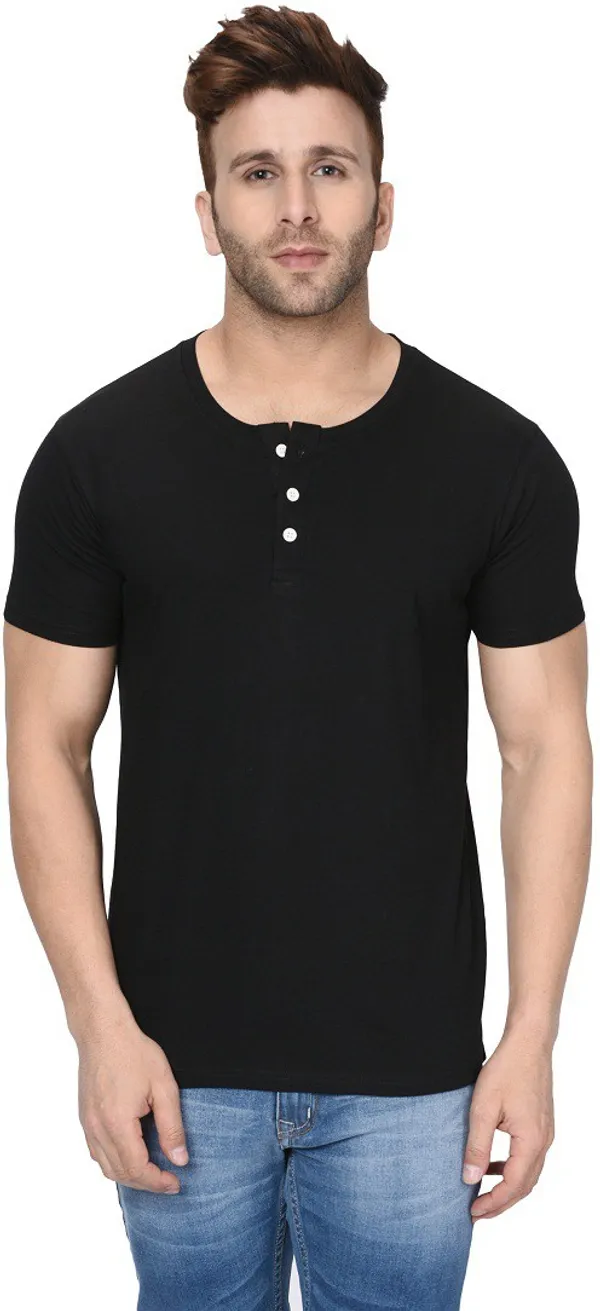 Black_Cotton_Blend_Henley_Neck_Short_Sleeve_t-shirt_for_Men
