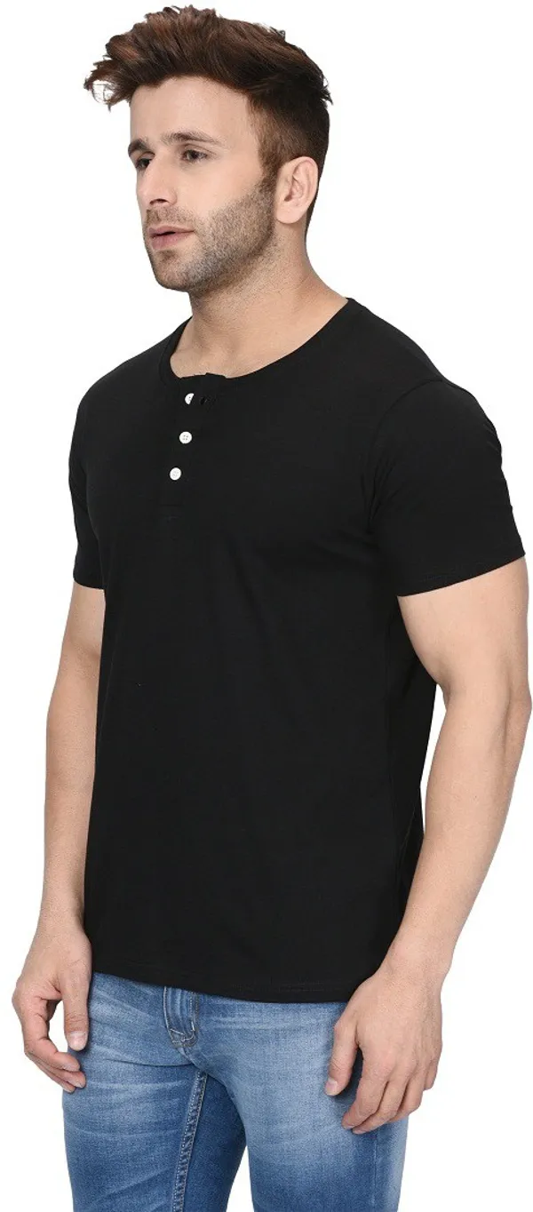Black_Cotton_Blend_Henley_Neck_Short_Sleeve_t-shirt_for_Men