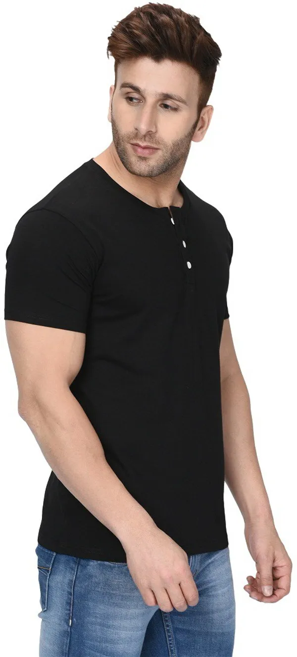 Black_Cotton_Blend_Henley_Neck_Short_Sleeve_t-shirt_for_Men