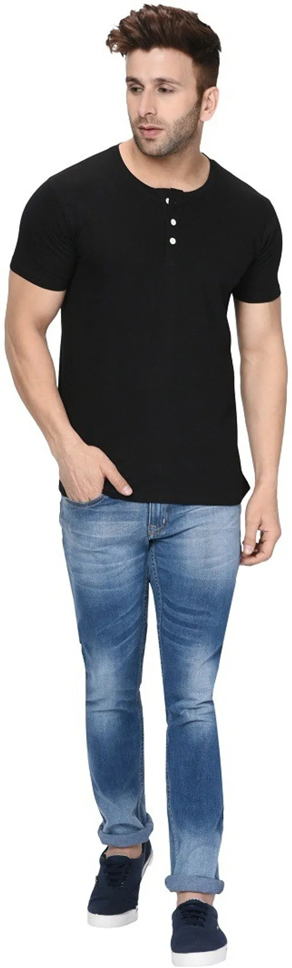 Black_Cotton_Blend_Henley_Neck_Short_Sleeve_t-shirt_for_Men