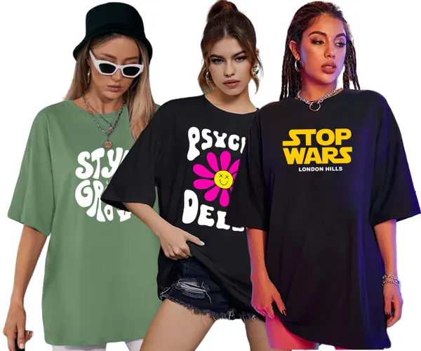 London_Hills_Cotton_Blend_Half_Sleeve_Women_Oversized_T-Shirts_Multicolor_Pack_of_3_Light_Green,_Black