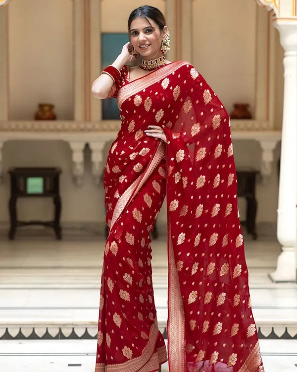 Cherry_Red_Soft_Cotton_Weave_Saree_With_Unstitched_Blouse