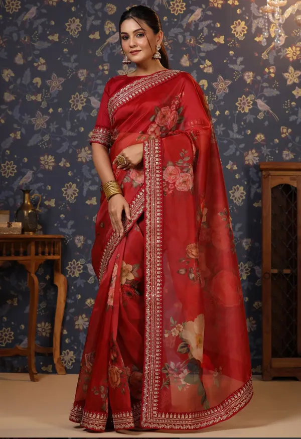 Organza_Red_Floral_Printed_Organza_Saree
