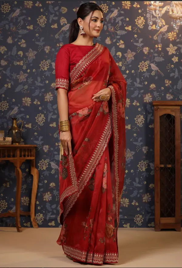 Organza_Red_Floral_Printed_Organza_Saree