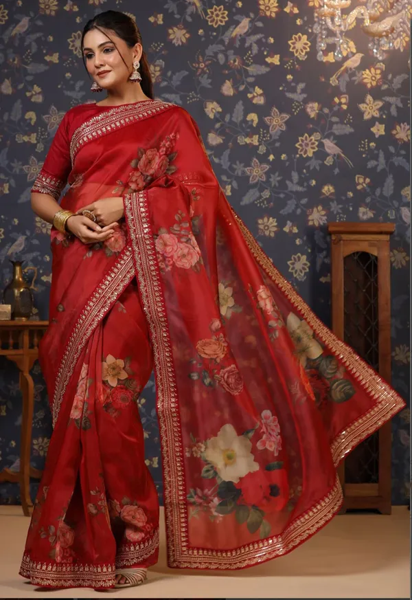 Organza_Red_Floral_Printed_Organza_Saree