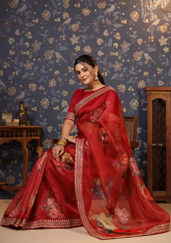 Organza_Red_Floral_Printed_Organza_Saree