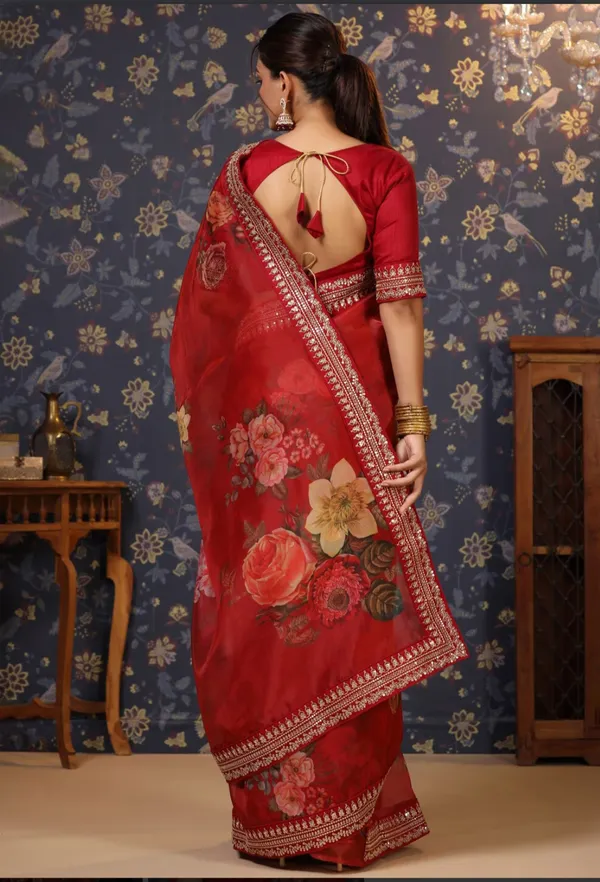 Organza_Red_Floral_Printed_Organza_Saree