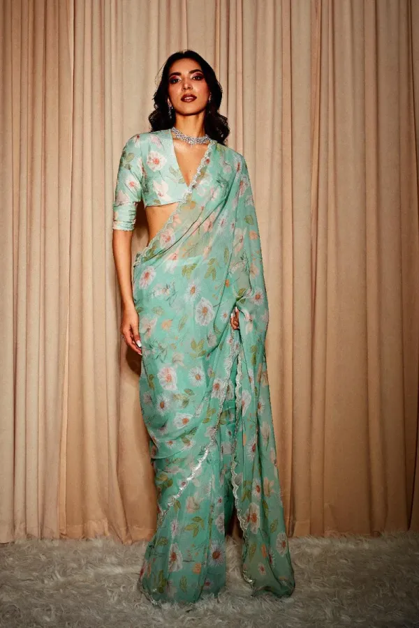 Ava_Green_Floral_Printed_Organza_Saree