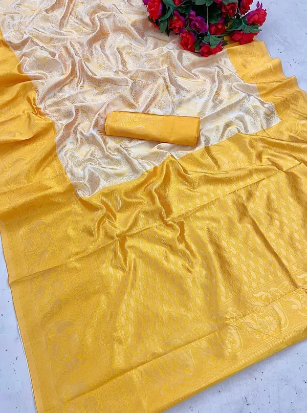 Cream_Yellow_Pure_Banarasi_Saree