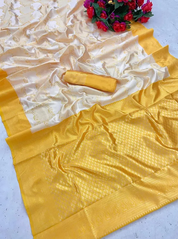 Cream_Yellow_Pure_Banarasi_Saree