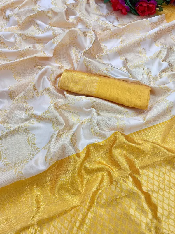 Cream_Yellow_Pure_Banarasi_Saree