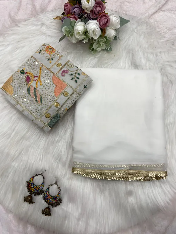 White_Soft_Georgette_Saree_With_Embroidered_Blouse