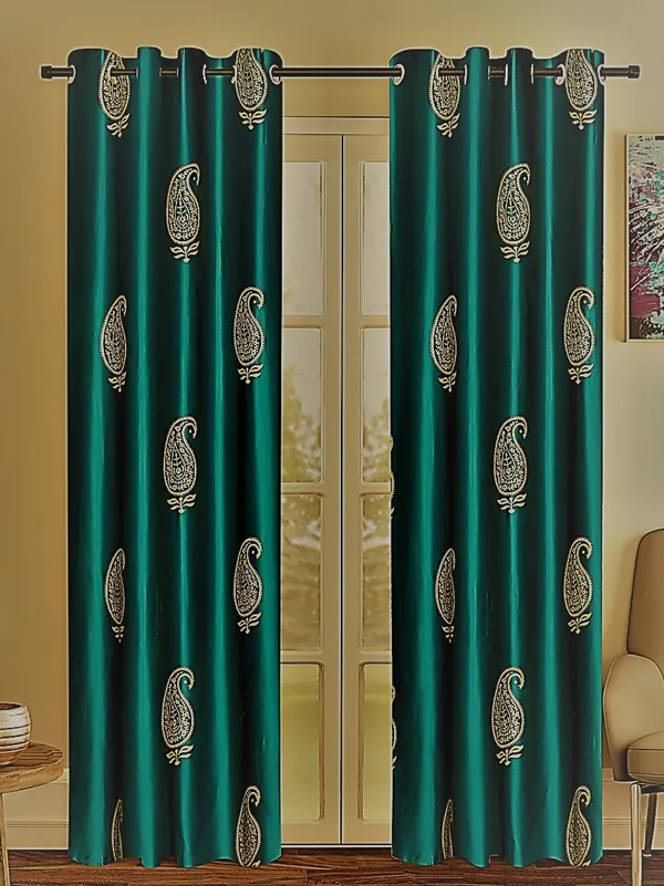2_Pieces_Hand_Block_Gold_Paisley_Printed_Eyelet_Polyester_-_Turquoise_Green