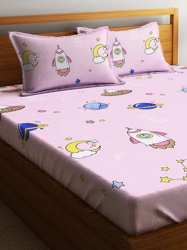144_TC_Microfibre_Kid's_Spaceship_Double_Bedsheet_With_2_King_Size_Pillow_Covers,_Pink