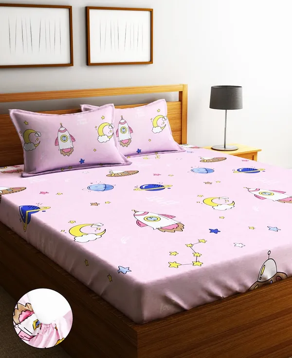 144_TC_Microfibre_Kid's_Spaceship_Double_Bedsheet_With_2_King_Size_Pillow_Covers,_Pink