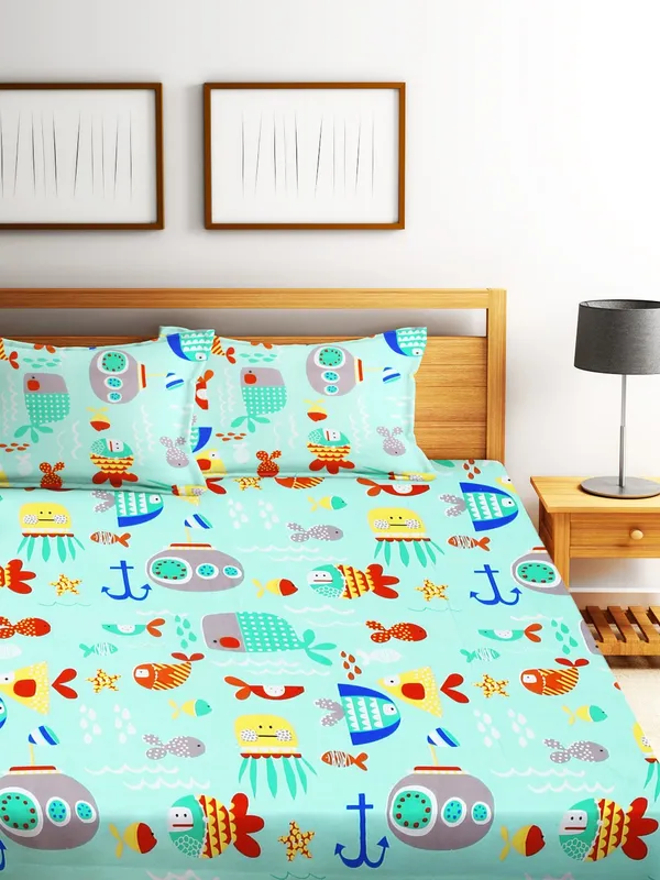 144_TC_Microfibre_Kid's_Aquatic_Animals_Double_Bedsheet_with_2_King_Size_Pillow_Covers