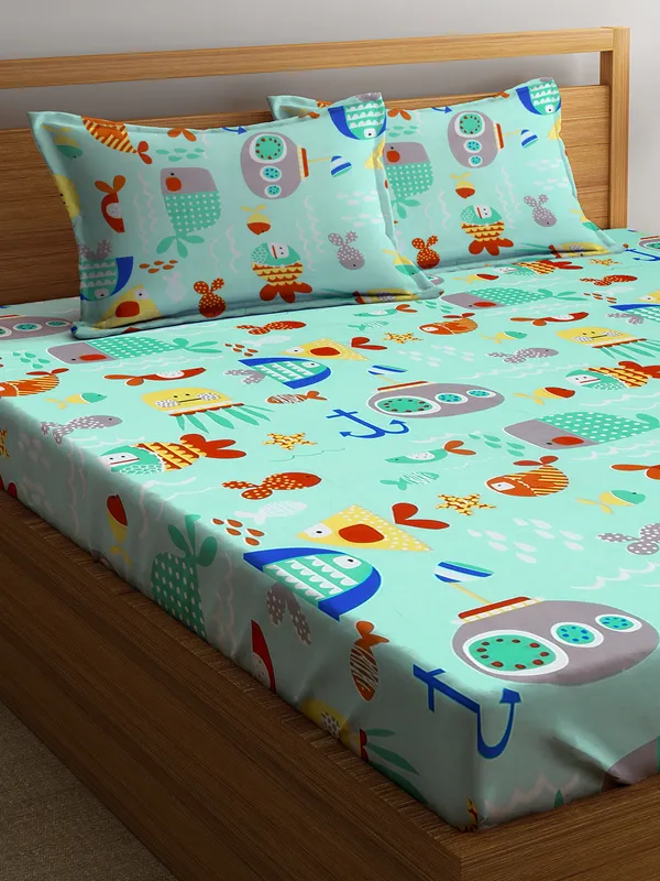 144_TC_Microfibre_Kid's_Aquatic_Animals_Double_Bedsheet_with_2_King_Size_Pillow_Covers