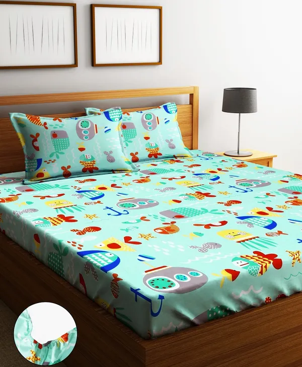 144_TC_Microfibre_Kid's_Aquatic_Animals_Double_Bedsheet_with_2_King_Size_Pillow_Covers