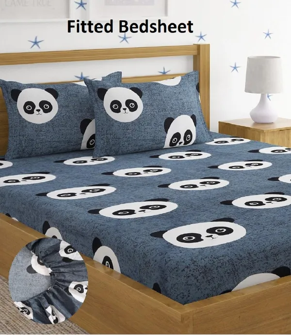 144_TC_Microfibre_Kid's_Panda_Elastic_Fitted_Double_Bedsheet_(72X78_inch)_With_2_King_Size_Pillow_Covers,_Fit_for_Mattress:_72"X75"_&_72"X78"