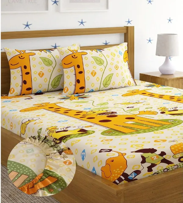 _144_TC_Microfibre_Kid's_Giraffe_Elastic_Fitted_Double_Bedsheet_(72X78_inch)_With_2_King_Size_Pillow_Covers,_Fit_for_Mattress:_72"X75"_&_72"X78"